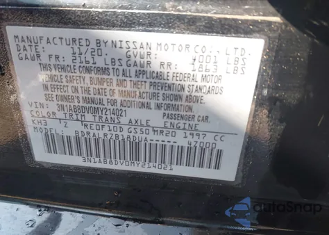 2021 Nissan Sentra Sr Xtronic Cvt из США, поврежденный, VIN 3N1AB8DV0MY214021